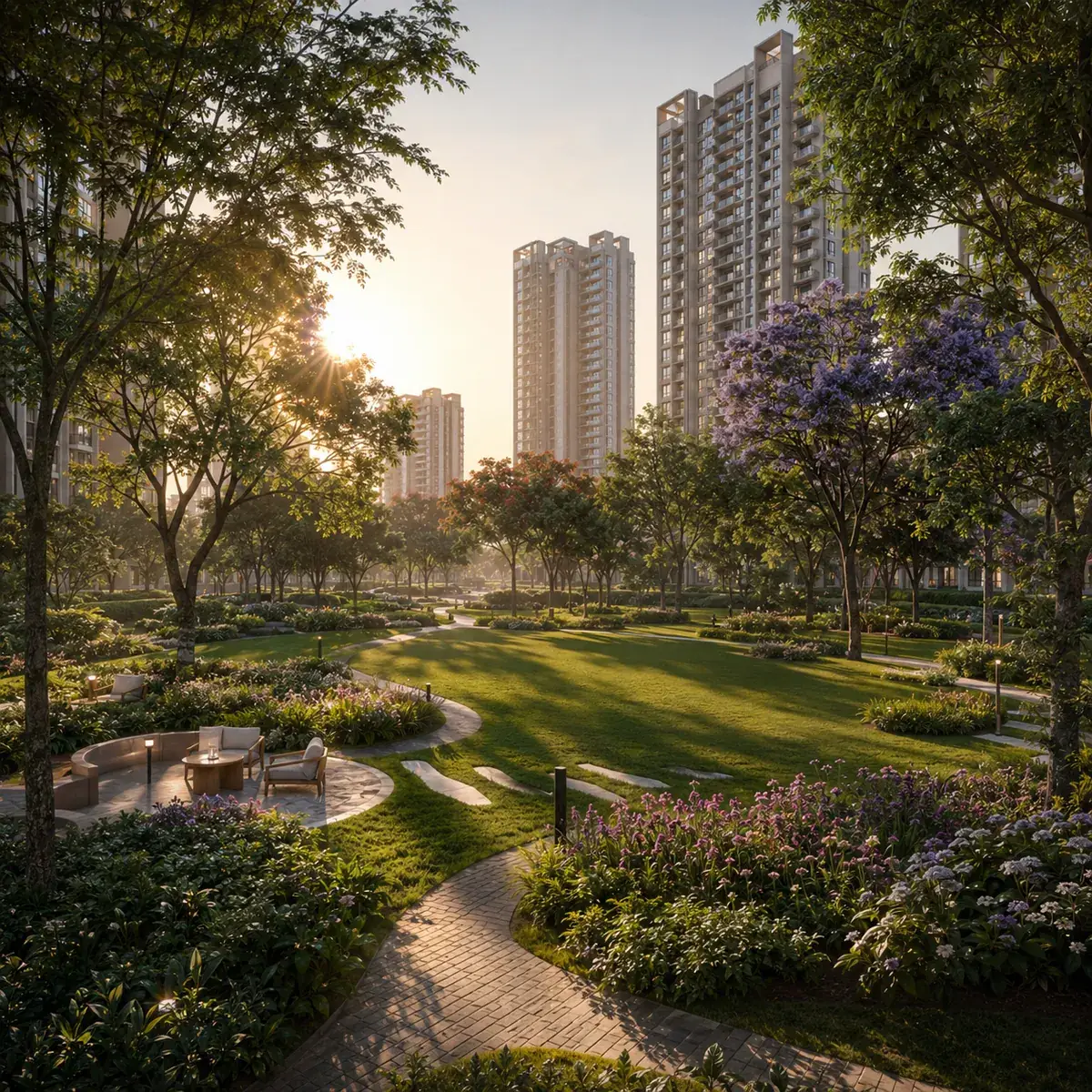 Brigade Gunjur central green spine with walking loop and seating courts