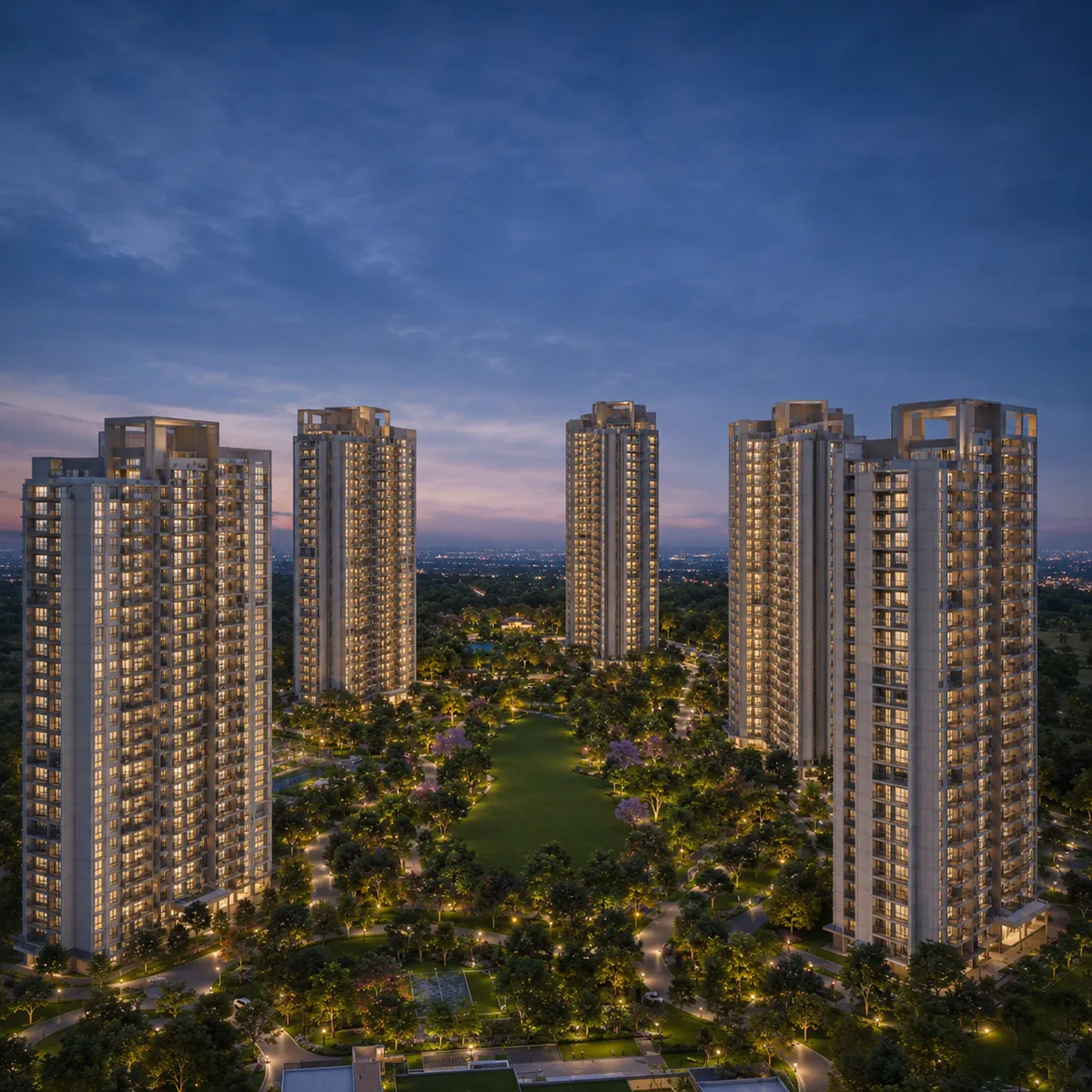 Brigade Gunjur six-tower skyline illuminated at night above the township landscape