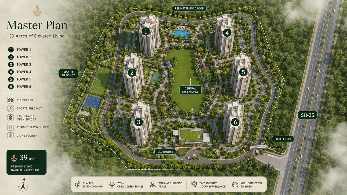 Brigade Gunjur master plan of the 39-acre township showing six numbered towers around the central green spine, clubhouse, sports precinct, perimeter road loop and SH-35 entry